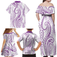 Polynesia Plumeria Lei Family Matching Off Shoulder Maxi Dress and Hawaiian Shirt White Violet Curves Motif