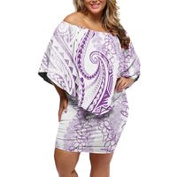 Polynesia Plumeria Lei Family Matching Off Shoulder Short Dress and Hawaiian Shirt White Violet Curves Motif