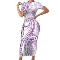 Polynesia Plumeria Lei Family Matching Short Sleeve Bodycon Dress and Hawaiian Shirt White Violet Curves Motif