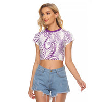 Polynesia Plumeria Lei Raglan Cropped T Shirt White Violet Curves Motif LT7 Female Violet - Polynesian Pride