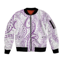 Polynesia Plumeria Lei Sleeve Zip Bomber Jacket White Violet Curves Motif