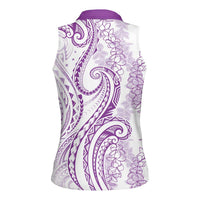 Polynesia Plumeria Lei Women Sleeveless Polo Shirt White Violet Curves Motif LT7 - Polynesian Pride
