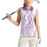 Polynesia Plumeria Lei Women Sleeveless Polo Shirt White Violet Curves Motif LT7 - Polynesian Pride