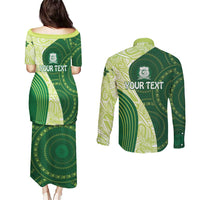 Fiji Ballantine Memorial High School Personalised Couples Matching Puletasi and Long Sleeve Button Shirt Masi Tapa Mix Plumeria