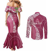 Fiji Adi Cakobau School Personalised Couples Matching Mermaid Dress and Long Sleeve Button Shirt Masi Tapa Mix Plumeria