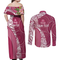 Fiji Adi Cakobau School Personalised Couples Matching Off Shoulder Maxi Dress and Long Sleeve Button Shirt Masi Tapa Mix Plumeria
