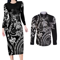 Aloha Hawaii Turtles Floral Couples Matching Long Sleeve Bodycon Dress and Long Sleeve Button Shirt Obsidian Glaze LT7 Black - Polynesian Pride