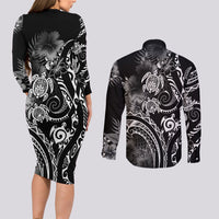 Aloha Hawaii Turtles Floral Couples Matching Long Sleeve Bodycon Dress and Long Sleeve Button Shirt Obsidian Glaze LT7 - Polynesian Pride