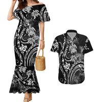 Aloha Hawaii Turtles Floral Couples Matching Mermaid Dress and Hawaiian Shirt Obsidian Glaze LT7 Black - Polynesian Pride