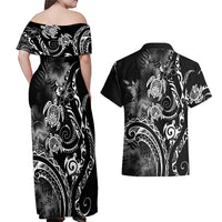 Aloha Hawaii Turtles Floral Couples Matching Off Shoulder Maxi Dress and Hawaiian Shirt Obsidian Glaze LT7 - Polynesian Pride