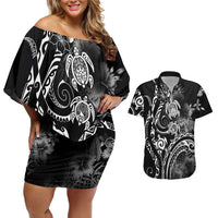 Aloha Hawaii Turtles Floral Couples Matching Off Shoulder Short Dress and Hawaiian Shirt Obsidian Glaze LT7 Black - Polynesian Pride