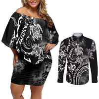 Aloha Hawaii Turtles Floral Couples Matching Off Shoulder Short Dress and Long Sleeve Button Shirt Obsidian Glaze LT7 Black - Polynesian Pride
