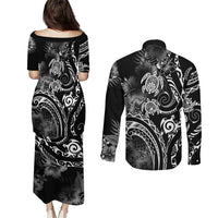 Aloha Hawaii Turtles Floral Couples Matching Puletasi and Long Sleeve Button Shirt Obsidian Glaze LT7 - Polynesian Pride
