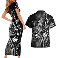 Aloha Hawaii Turtles Floral Couples Matching Short Sleeve Bodycon Dress and Hawaiian Shirt Obsidian Glaze LT7 - Polynesian Pride