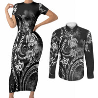 Aloha Hawaii Turtles Floral Couples Matching Short Sleeve Bodycon Dress and Long Sleeve Button Shirt Obsidian Glaze LT7 Black - Polynesian Pride