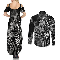 Aloha Hawaii Turtles Floral Couples Matching Summer Maxi Dress and Long Sleeve Button Shirt Obsidian Glaze LT7 - Polynesian Pride