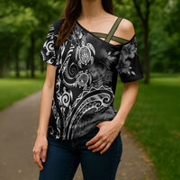 Aloha Hawaii Turtles Floral Cross Shoulder Shirt Obsidian Glaze LT7 - Polynesian Pride