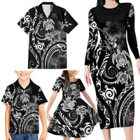 Aloha Hawaii Turtles Floral Family Matching Long Sleeve Bodycon Dress and Hawaiian Shirt Obsidian Glaze LT7 - Polynesian Pride