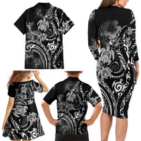 Aloha Hawaii Turtles Floral Family Matching Long Sleeve Bodycon Dress and Hawaiian Shirt Obsidian Glaze LT7 - Polynesian Pride