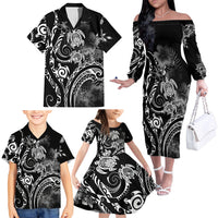 Aloha Hawaii Turtles Floral Family Matching Off The Shoulder Long Sleeve Dress and Hawaiian Shirt Obsidian Glaze LT7 - Polynesian Pride