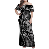 Aloha Hawaii Turtles Floral Family Matching Off Shoulder Maxi Dress and Hawaiian Shirt Obsidian Glaze LT7 Mom's Dress Black - Polynesian Pride
