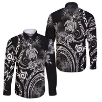 Aloha Hawaii Turtles Floral Family Matching Puletasi and Hawaiian Shirt Obsidian Glaze LT7 Dad's Shirt - Long Sleeve Black - Polynesian Pride