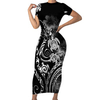 Aloha Hawaii Turtles Floral Family Matching Short Sleeve Bodycon Dress and Hawaiian Shirt Obsidian Glaze LT7 Mom's Dress Black - Polynesian Pride