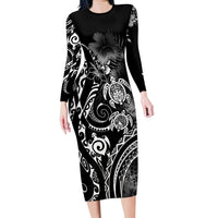 Aloha Hawaii Turtles Floral Long Sleeve Bodycon Dress Obsidian Glaze LT7 Long Dress Black - Polynesian Pride