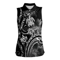 Aloha Hawaii Turtles Floral Women Sleeveless Polo Shirt Obsidian Glaze LT7 Female Black - Polynesian Pride