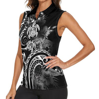 Aloha Hawaii Turtles Floral Women Sleeveless Polo Shirt Obsidian Glaze LT7 - Polynesian Pride
