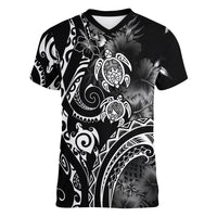 Aloha Hawaii Turtles Floral Women V-Neck T-Shirt Obsidian Glaze LT7 Female Black - Polynesian Pride