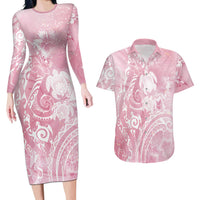 Aloha Hawaii Turtles Floral Couples Matching Long Sleeve Bodycon Dress and Hawaiian Shirt Pink Marbles Glaze LT7 Pink - Polynesian Pride