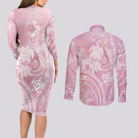 Aloha Hawaii Turtles Floral Couples Matching Long Sleeve Bodycon Dress and Long Sleeve Button Shirt Pink Marbles Glaze LT7 - Polynesian Pride
