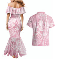 Aloha Hawaii Turtles Floral Couples Matching Mermaid Dress and Hawaiian Shirt Pink Marbles Glaze LT7 - Polynesian Pride
