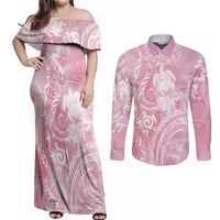 Aloha Hawaii Turtles Floral Couples Matching Off Shoulder Maxi Dress and Long Sleeve Button Shirt Pink Marbles Glaze LT7 Pink - Polynesian Pride