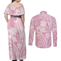 Aloha Hawaii Turtles Floral Couples Matching Off Shoulder Maxi Dress and Long Sleeve Button Shirt Pink Marbles Glaze LT7 - Polynesian Pride