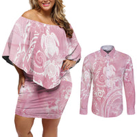 Aloha Hawaii Turtles Floral Couples Matching Off Shoulder Short Dress and Long Sleeve Button Shirt Pink Marbles Glaze LT7 Pink - Polynesian Pride