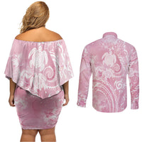 Aloha Hawaii Turtles Floral Couples Matching Off Shoulder Short Dress and Long Sleeve Button Shirt Pink Marbles Glaze LT7 - Polynesian Pride