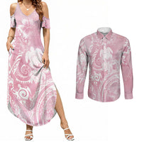 Aloha Hawaii Turtles Floral Couples Matching Summer Maxi Dress and Long Sleeve Button Shirt Pink Marbles Glaze LT7 Pink - Polynesian Pride