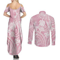 Aloha Hawaii Turtles Floral Couples Matching Summer Maxi Dress and Long Sleeve Button Shirt Pink Marbles Glaze LT7 - Polynesian Pride