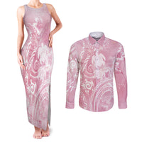 Aloha Hawaii Turtles Floral Couples Matching Tank Maxi Dress and Long Sleeve Button Shirt Pink Marbles Glaze LT7 Pink - Polynesian Pride