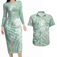 Aloha Hawaii Turtles Floral Couples Matching Long Sleeve Bodycon Dress and Hawaiian Shirt Seafoam Marbles Glaze LT7 Seafoam - Polynesian Pride