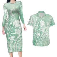 Aloha Hawaii Turtles Floral Couples Matching Long Sleeve Bodycon Dress and Hawaiian Shirt Seafoam Marbles Glaze LT7 Seafoam - Polynesian Pride