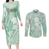 Aloha Hawaii Turtles Floral Couples Matching Long Sleeve Bodycon Dress and Long Sleeve Button Shirt Seafoam Marbles Glaze LT7 Seafoam - Polynesian Pride