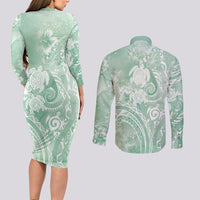 Aloha Hawaii Turtles Floral Couples Matching Long Sleeve Bodycon Dress and Long Sleeve Button Shirt Seafoam Marbles Glaze LT7 - Polynesian Pride