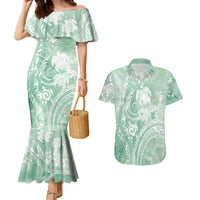 Aloha Hawaii Turtles Floral Couples Matching Mermaid Dress and Hawaiian Shirt Seafoam Marbles Glaze LT7 Seafoam - Polynesian Pride