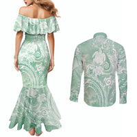 Aloha Hawaii Turtles Floral Couples Matching Mermaid Dress and Long Sleeve Button Shirt Seafoam Marbles Glaze LT7 - Polynesian Pride