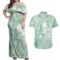 Aloha Hawaii Turtles Floral Couples Matching Off Shoulder Maxi Dress and Hawaiian Shirt Seafoam Marbles Glaze LT7 Seafoam - Polynesian Pride