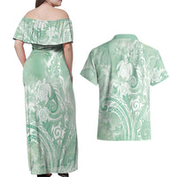 Aloha Hawaii Turtles Floral Couples Matching Off Shoulder Maxi Dress and Hawaiian Shirt Seafoam Marbles Glaze LT7 - Polynesian Pride