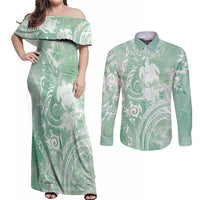 Aloha Hawaii Turtles Floral Couples Matching Off Shoulder Maxi Dress and Long Sleeve Button Shirt Seafoam Marbles Glaze LT7 Seafoam - Polynesian Pride